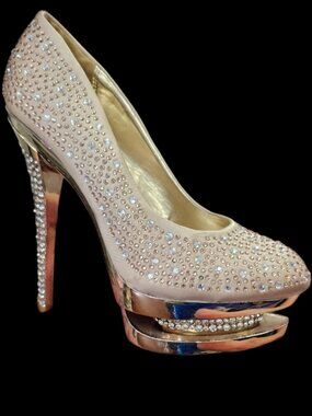 Vigo Fiore Gold Rhinestone Platform Heels – Sparkly Stiletto Pumps – Size 8.5